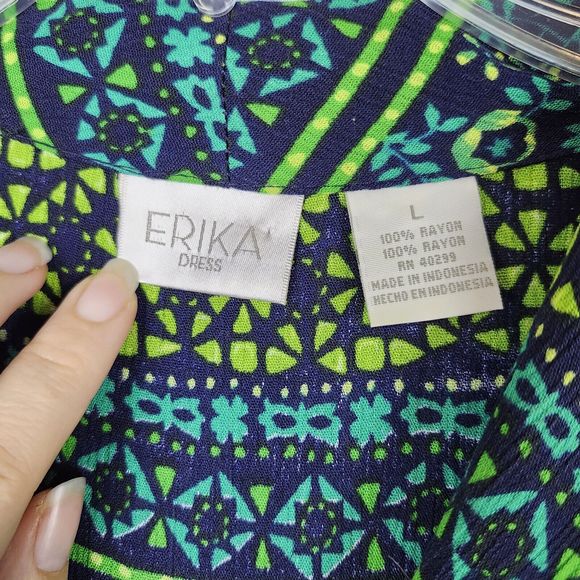 Vtg 90s Y2K Erika Dress Rayon Maxi Button Front Floral Tropical Green Blue Sz L - Picture 10 of 13